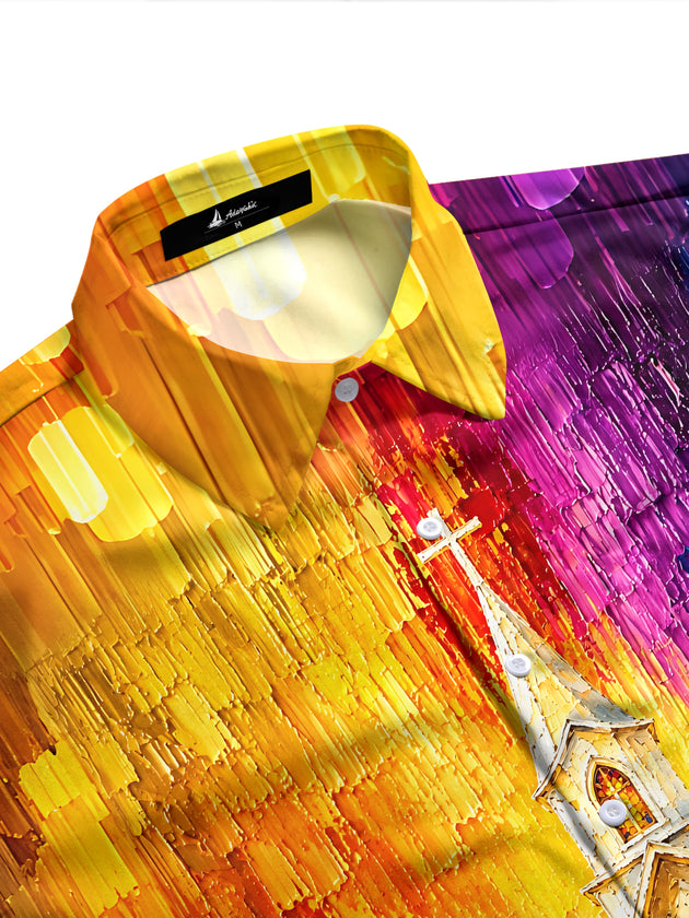 Adaychic Men's Long Sleeve Shirt - Church Building With Cross And Stained Glass Windows Print with Chest Pocket