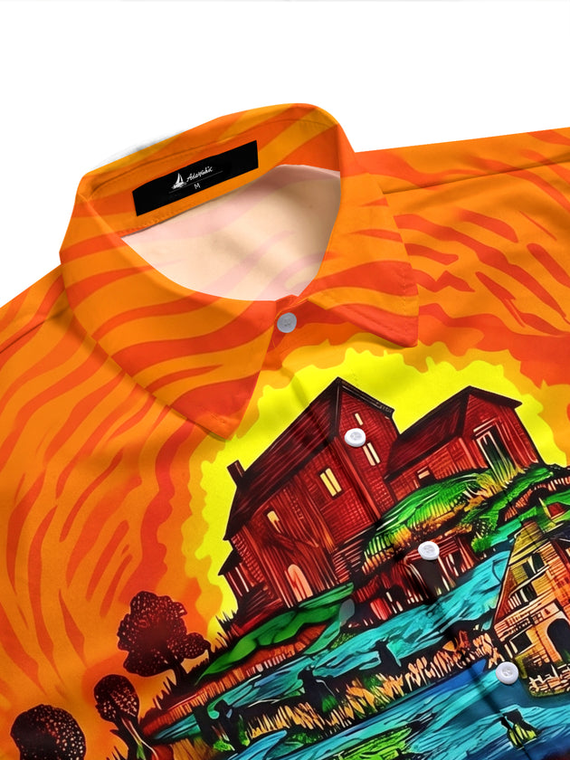 Adaychic Men's Graphic Halloween Print Apocalypse Print Short Sleeve Shirt with Chest Pocket
