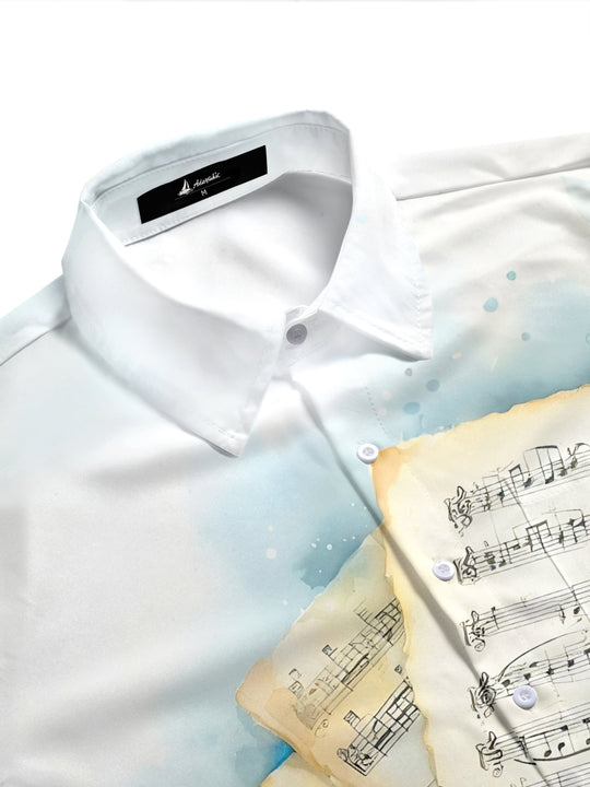 Adaychic Men's Vintage Style Sheet Music Print Short Sleeve Shirt with Chest Pocket