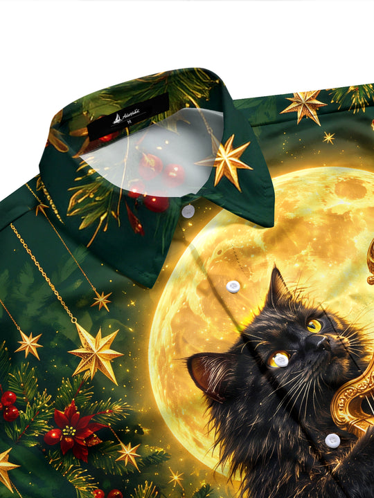 Adaychic Men's Long Sleeve Shirt - Black Cat Playing Harp With Christmas Elements Print with Chest Pocket