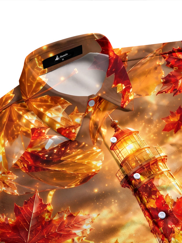 Adaychic Men's Printed Lighthouse Print Maple Leaves Print Long Sleeve Shirt with Chest Pocket