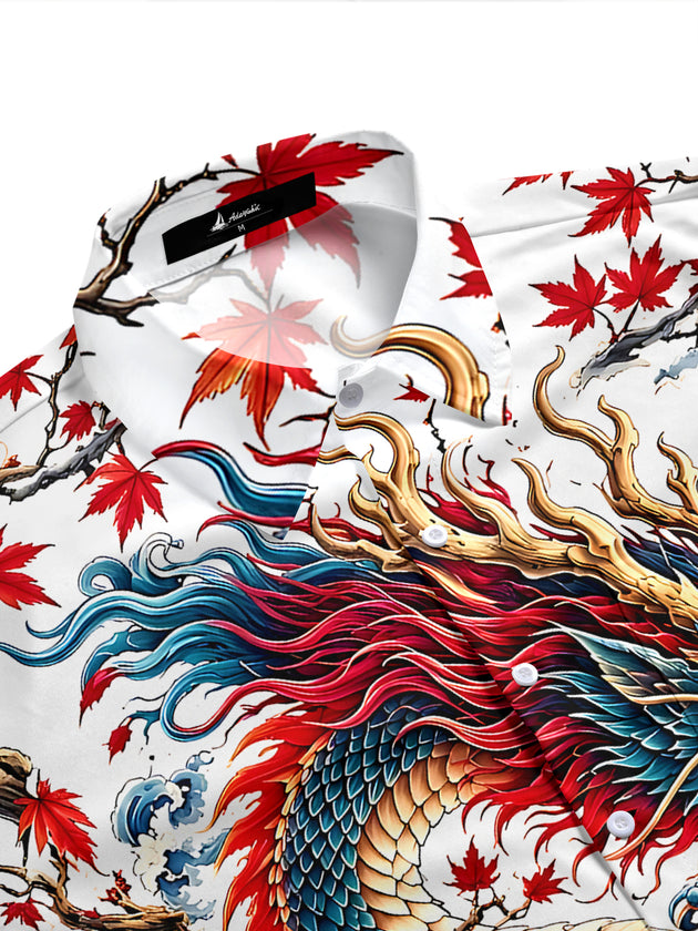 Adaychic Men's Hawaiian Dragon Print Maple Leaf Print Short Sleeve Shirt with Chest Pocket