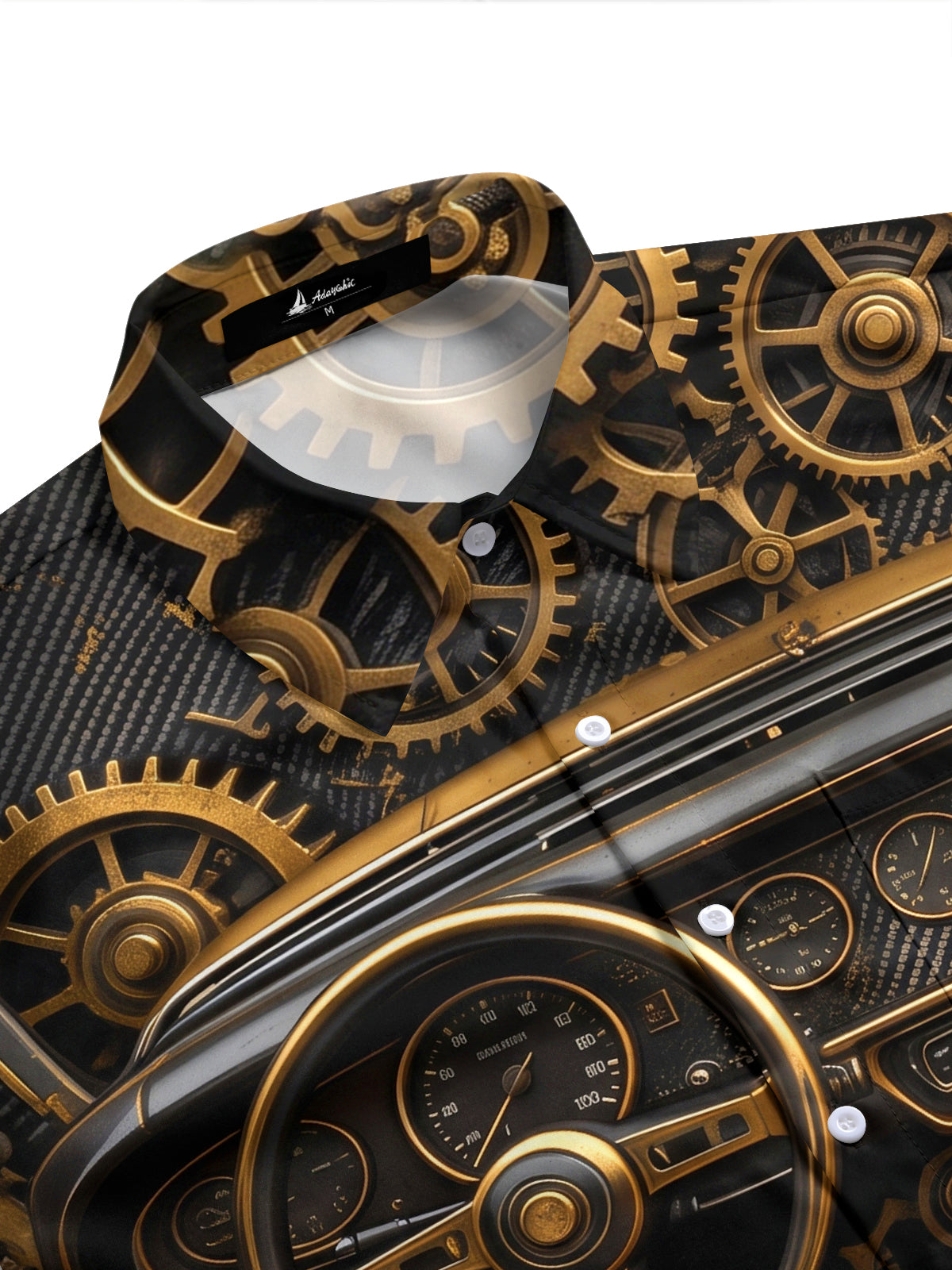 Adaychic Men's Vintage Car Dashboard And Gears Print Short Sleeve Shirt with Chest Pocket