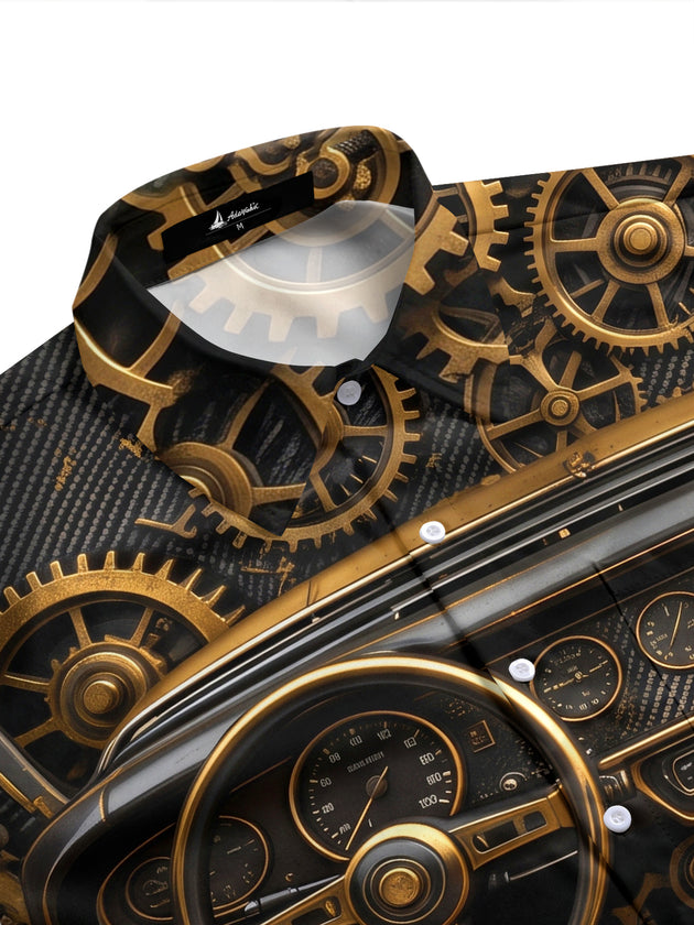 Adaychic Men's Vintage Car Dashboard And Gears Print Short Sleeve Shirt with Chest Pocket
