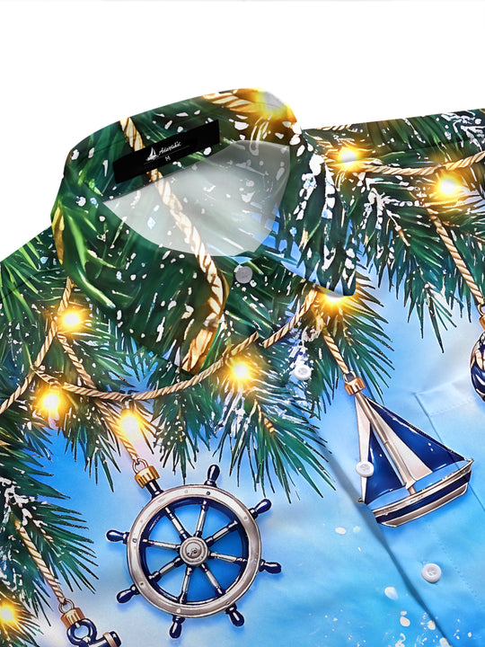 Adaychic Men's Short Sleeve Shirt - Christmas Pine Branches And Nautical Ornaments Print with Chest Pocket