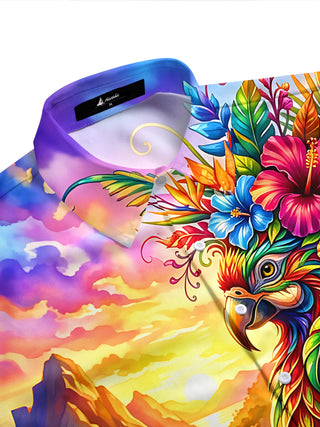Adaychic Tropical Parrot Landscape Men's Pocket Short Sleeve Shirts