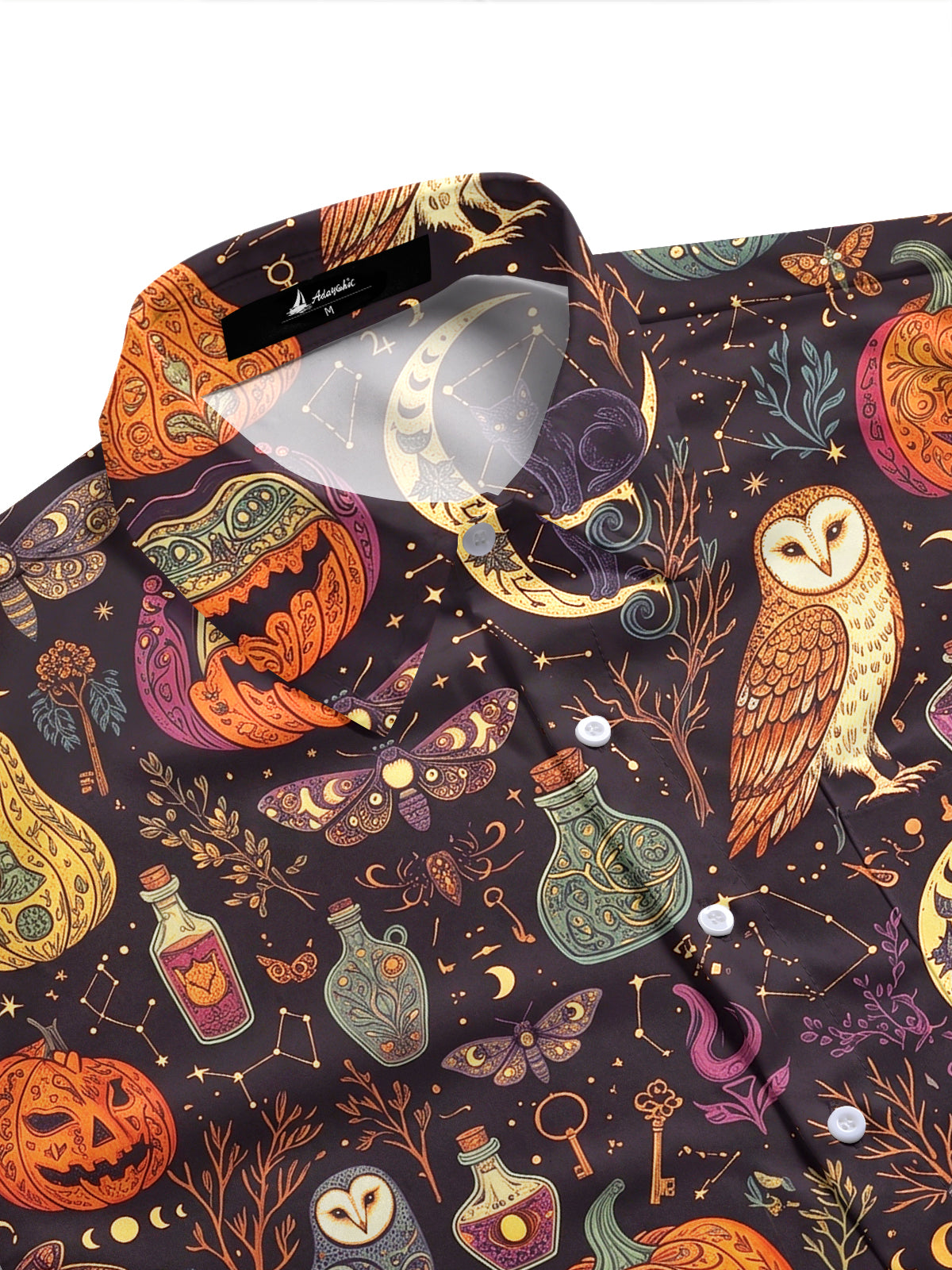 Adaychic Men's Halloween Owls Pumpkins And Cats Print Short Sleeve Shirt with Chest Pocket