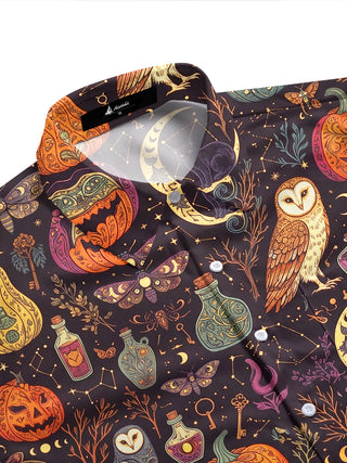Adaychic Men's Halloween Owls Pumpkins And Cats Print Short Sleeve Shirt with Chest Pocket