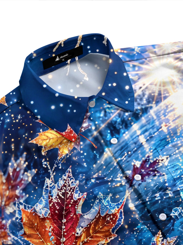 Adaychic Men's Printed Maple Leaves And Snowflakes Print Long Sleeve Shirt with Chest Pocket