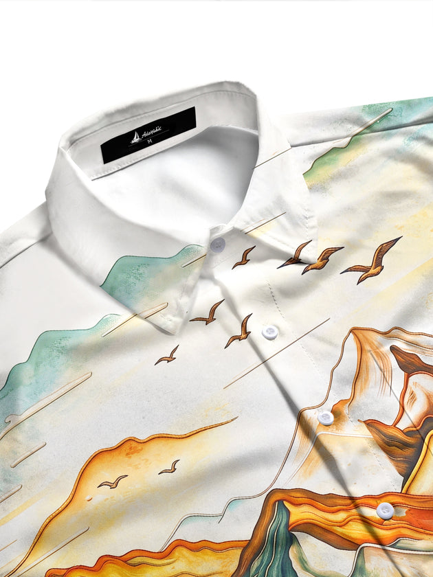 Adaychic Men's Vintage Style Mountain Landscape Print Long Sleeve Shirt with Chest Pocket