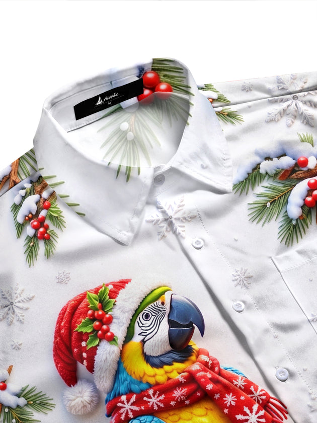 Adaychic Men's Graphic Christmas Parrot Print Long Sleeve Shirt with Chest Pocket