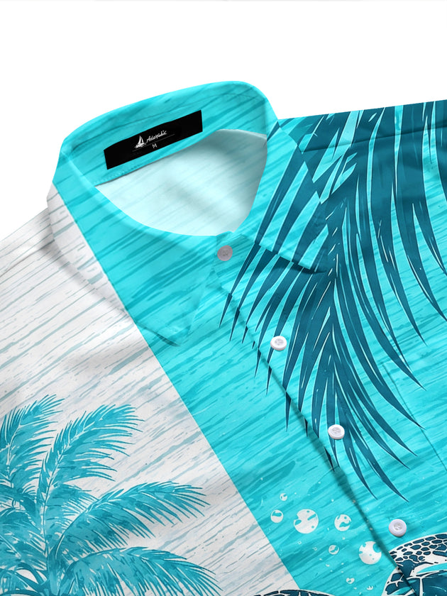 Adaychic Men's Hawaiian Sea Turtle Print Palm Leaves Print Short Sleeve Shirt with Chest Pocket