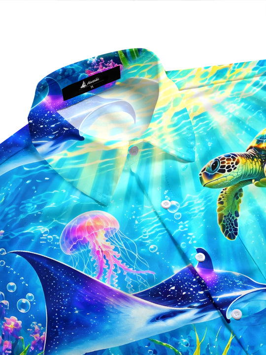 Adaychic Men's Underwater Sea Turtles And Jellyfish Print Short Sleeve Shirt with Chest Pocket
