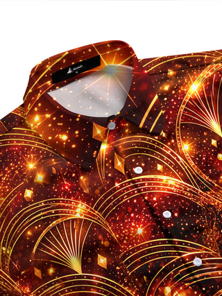 Adaychic Men's Long Sleeve Shirt - Art Deco Geometric Fan Patterns And Sparkles Print with Chest Pocket