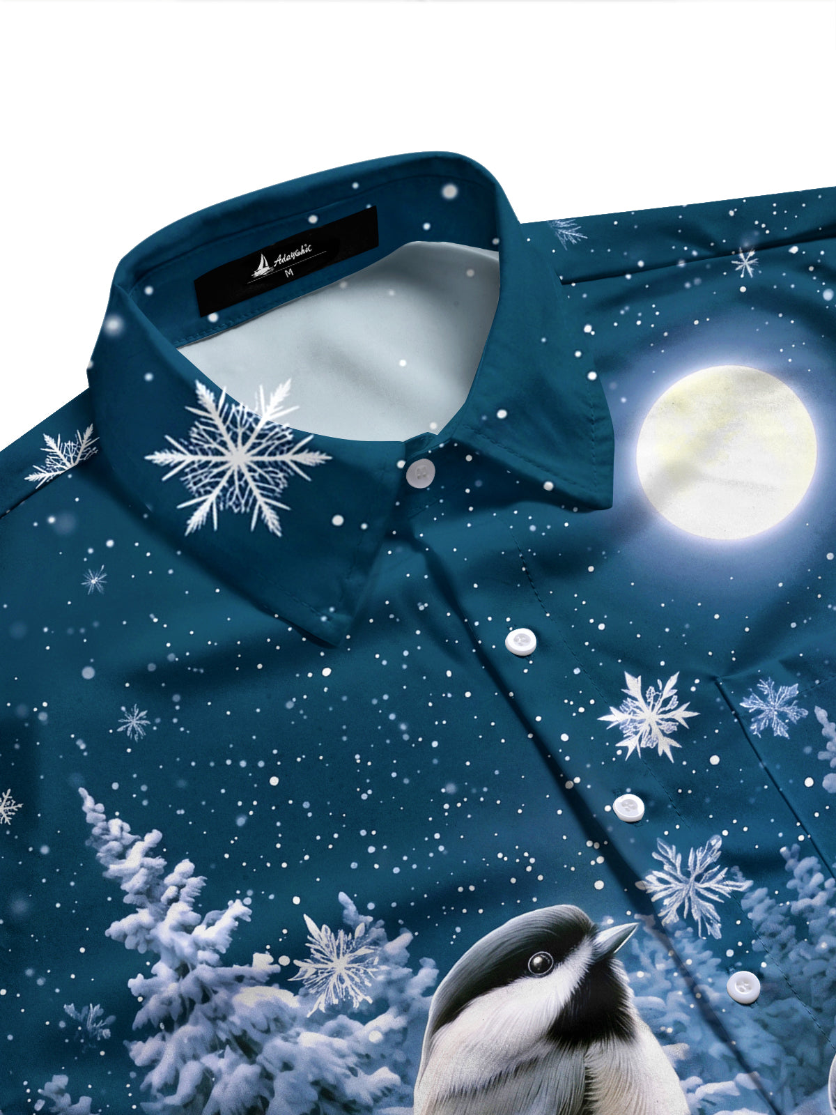 Adaychic Men's Winter Birds And Snowy Pine Trees Print Long Sleeve Shirt with Chest Pocket