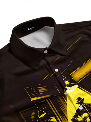Adaychic Men's Graphic Folk Singer Silhouette Print Short Sleeve Shirt with Chest Pocket