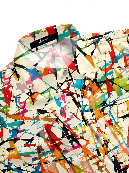 Adaychic Men's Printed Colorful Paint Splatter Print Short Sleeve Shirt with Chest Pocket