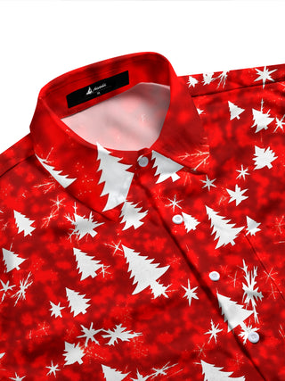Adaychic Men's Printed Christmas Tree Print Snowflake Print Long Sleeve Shirt with Chest Pocket