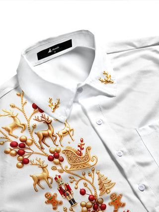 Adaychic Men's Graphic Christmas Reindeer And Sleigh Print Long Sleeve Shirt with Chest Pocket