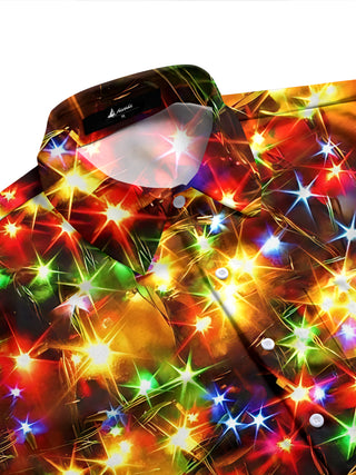 Adaychic Men's Printed Colorful Christmas Lights Print Long Sleeve Shirt with Chest Pocket