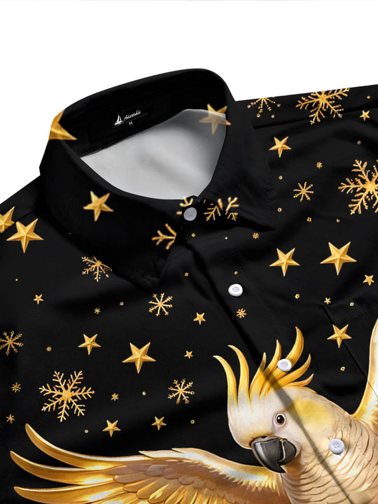 Adaychic Men's Christmas Golden Parrot With Red Ribbon Print Long Sleeve Shirt with Chest Pocket