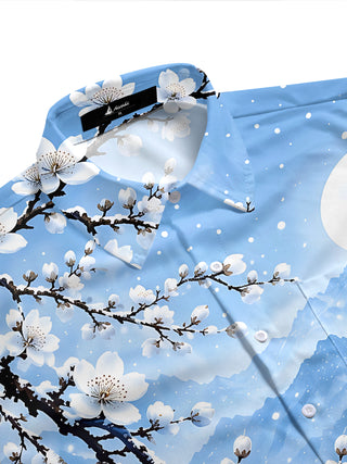 Adaychic Men's Short Sleeve Shirt - Winter Snowy Landscape With Cherry Blossoms Print with Chest Pocket