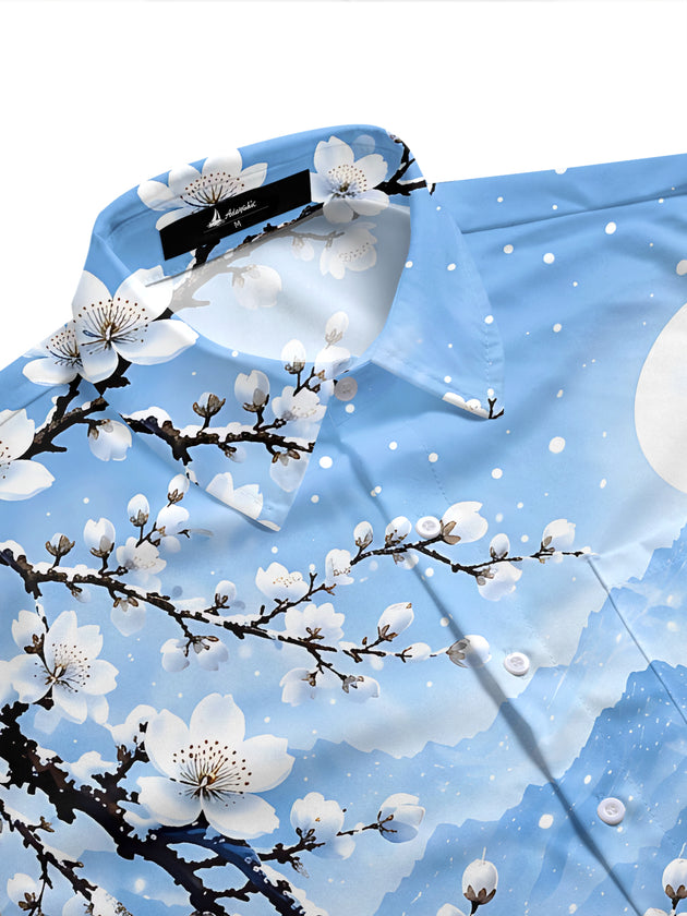 Adaychic Men's Short Sleeve Shirt - Winter Snowy Landscape With Cherry Blossoms Print with Chest Pocket