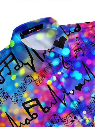 Adaychic Men's Graphic Musical Notes Print Short Sleeve Shirt with Chest Pocket