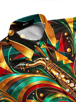 Adaychic Men's Long Sleeve Shirt - Saxophone And Abstract Geometric Patterns Print with Chest Pocket