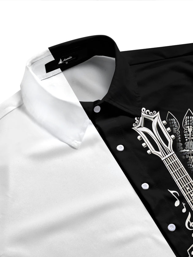 Adaychic Men's Graphic Guitar Mandala Print Short Sleeve Shirt with Chest Pocket