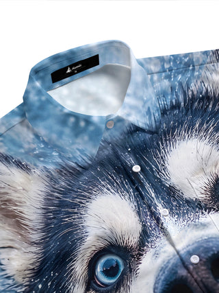 Adaychic Men's Graphic Alaskan Malamute Face Print Short Sleeve Shirt with Chest Pocket