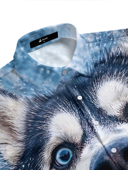 Adaychic Men's Graphic Alaskan Malamute Face Print Short Sleeve Shirt with Chest Pocket