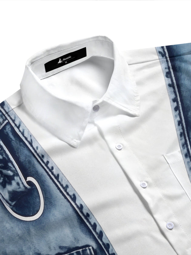 Adaychic Men's Printed Denim Vest Print Short Sleeve Shirt with Chest Pocket