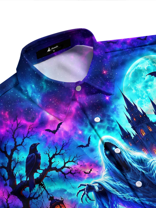 Adaychic Men's Graphic Ghost Print Castle Print Long Sleeve Shirt with Chest Pocket
