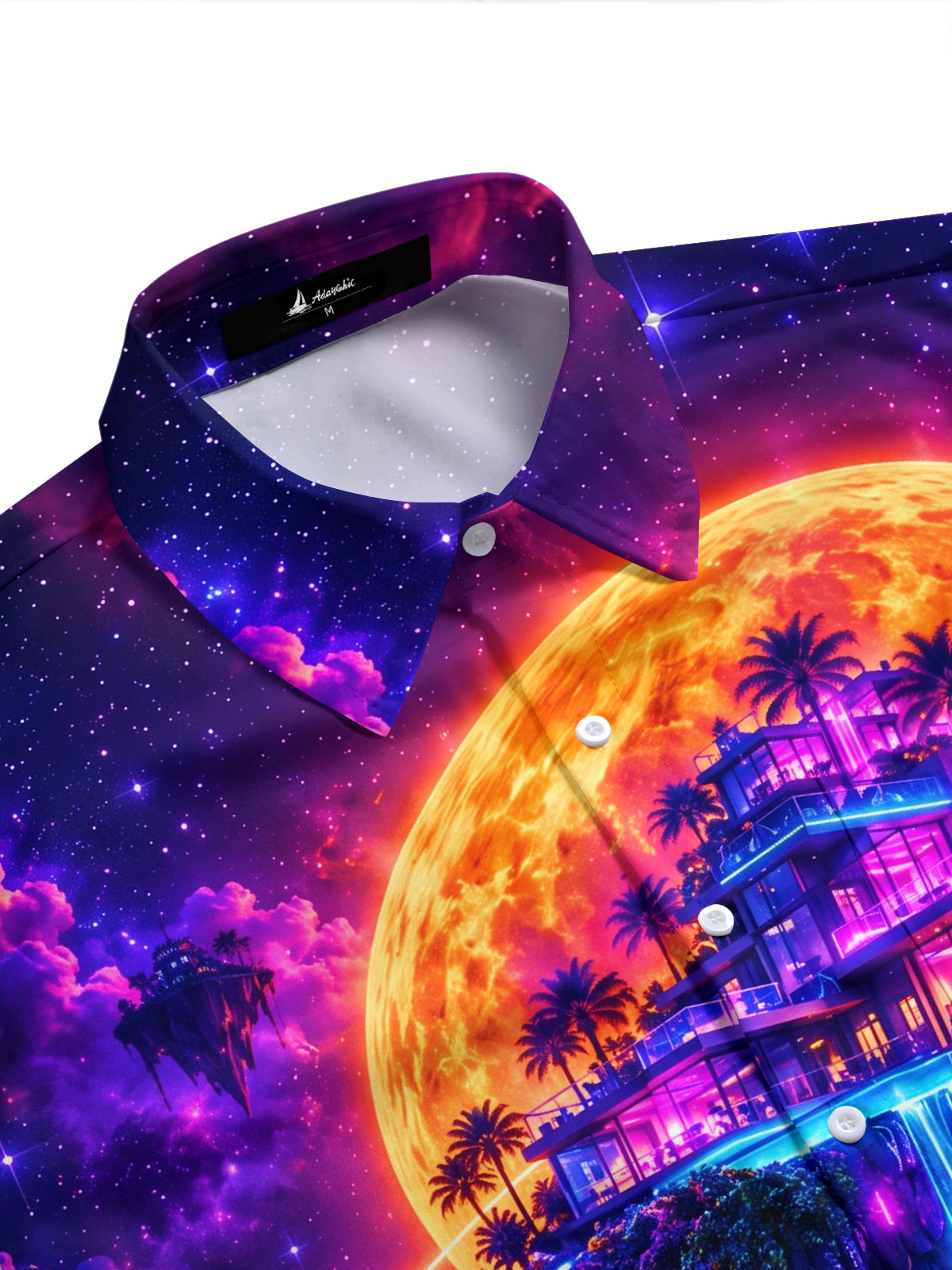 Adaychic Men's Short Sleeve Shirt - Floating Island With Modern Villa And Palm Trees Print with Chest Pocket