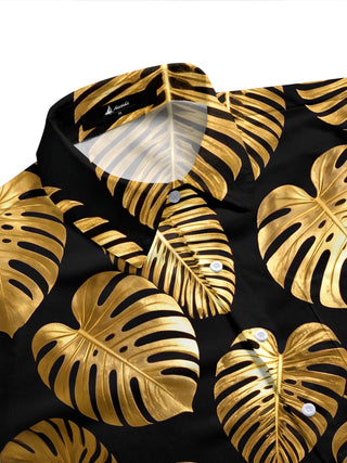 Adaychic Men's Gold Palm Leaf And Monstera Leaf Print Short Sleeve Shirt with Chest Pocket