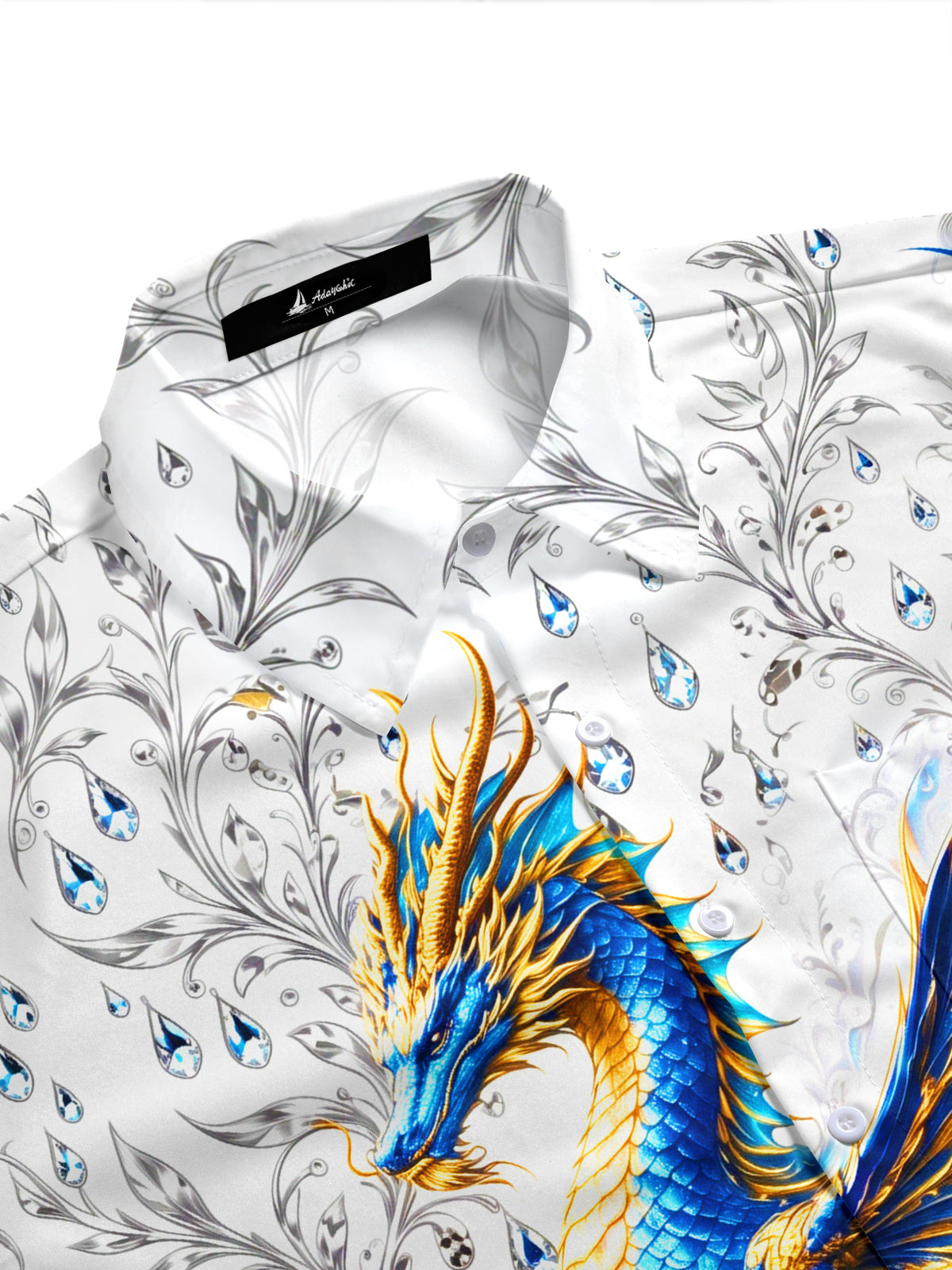 Adaychic Men's Blue And Golden Dragon On Waves Print Short Sleeve Shirt with Chest Pocket