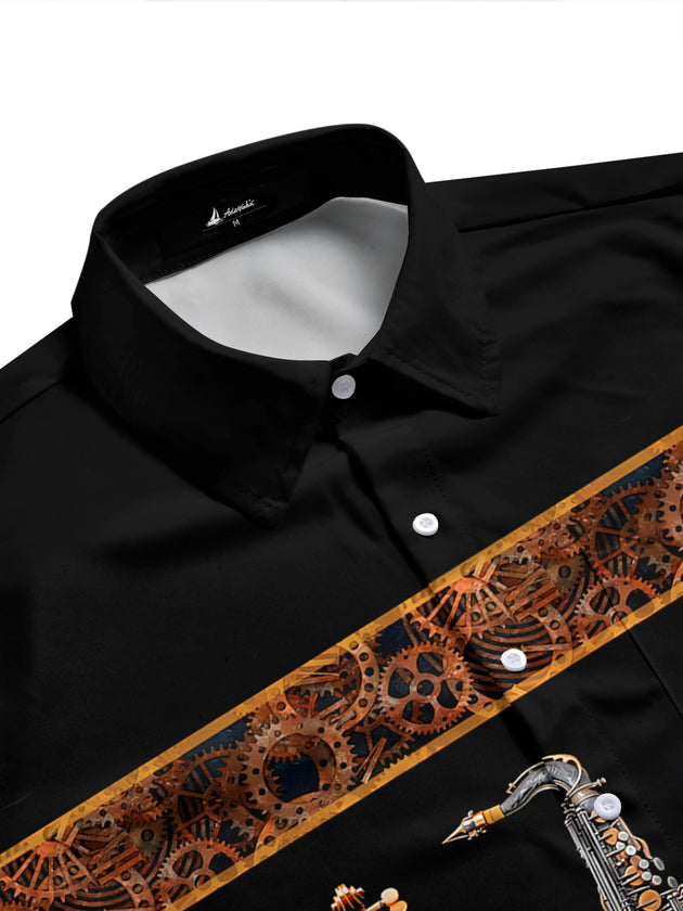 Adaychic Men's Graphic Steampunk Musical Instruments Print Short Sleeve Shirt with Chest Pocket