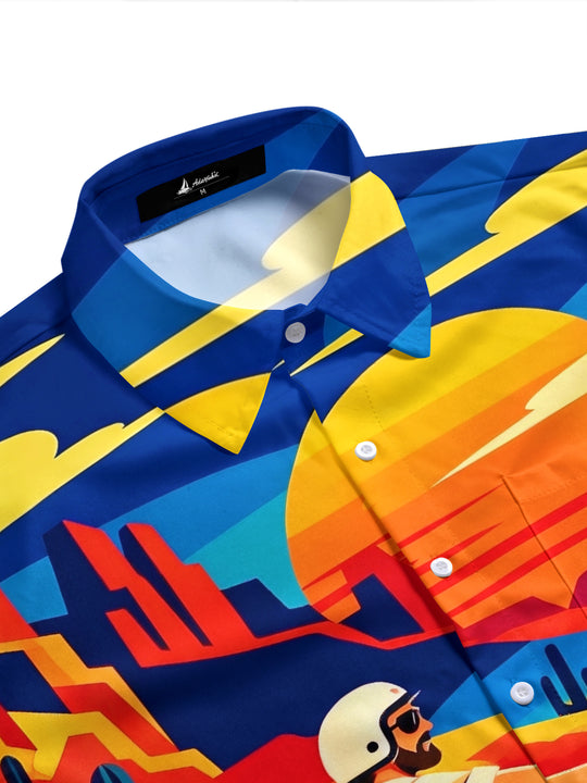 Adaychic Men's Short Sleeve Stand Collar Shirt - Motorcycle Rider In Desert Landscape Print with Chest Pocket