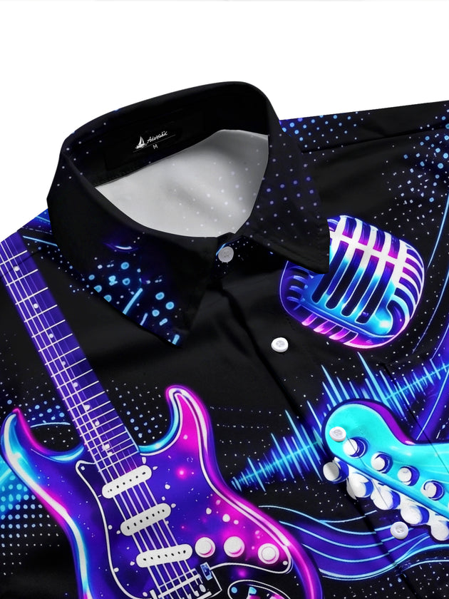 Adaychic Men's Graphic Neon Electric Guitar Print Short Sleeve Shirt with Chest Pocket