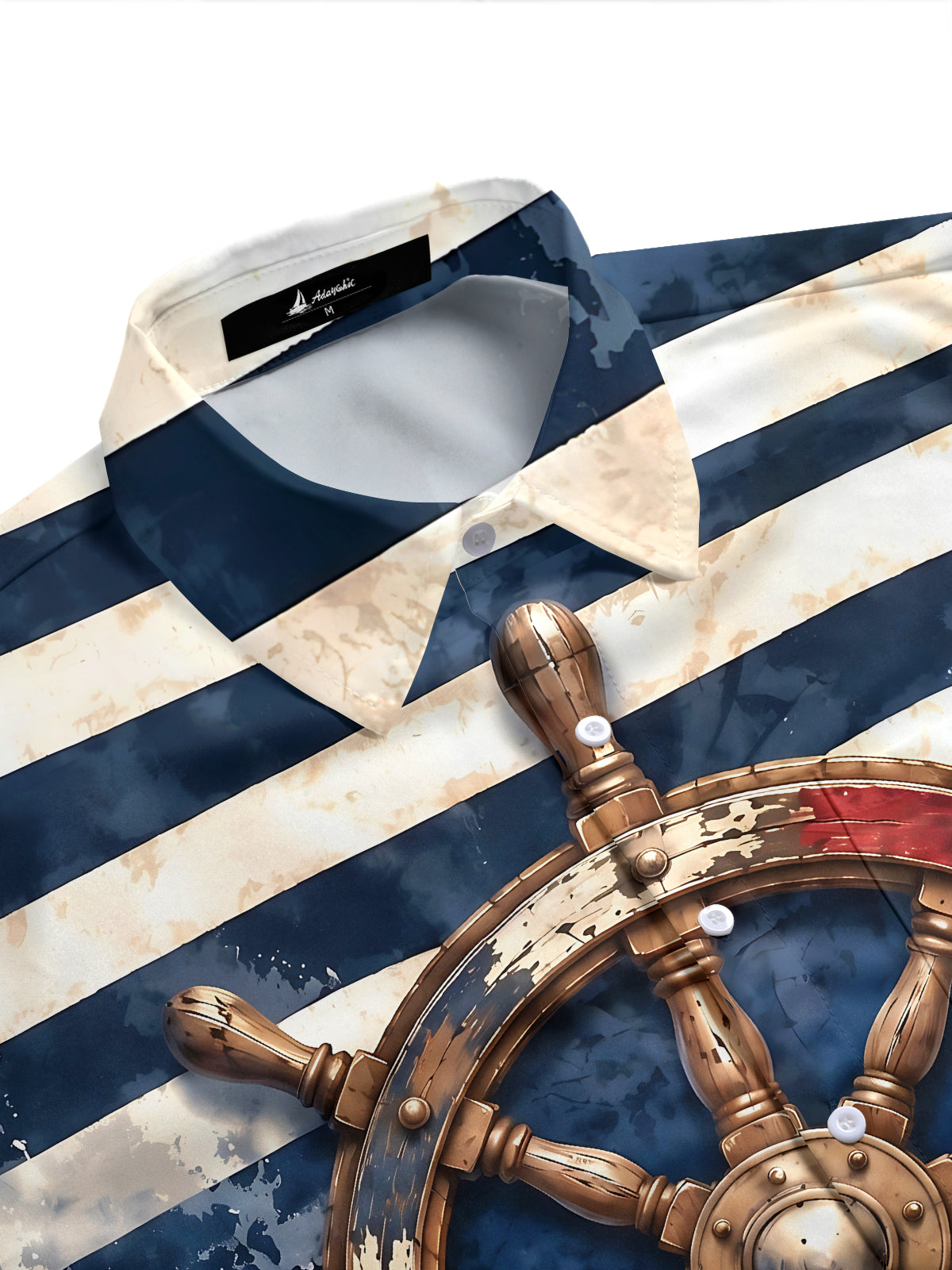 Adaychic Men's Ship Wheel And Sailboat On Waves Print Short Sleeve Shirt with Chest Pocket