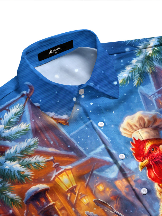 Adaychic Men's Graphic Rooster Chef Cooking Chestnuts Print Long Sleeve Shirt with Chest Pocket