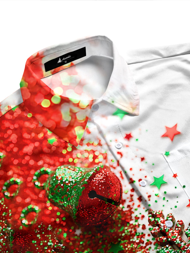 Adaychic Men's Graphic Christmas Bells And Snowflakes Print Long Sleeve Shirt with Chest Pocket