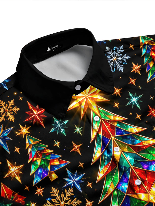 Adaychic Men's Geometric Christmas Trees And Snowflakes Print Long Sleeve Shirt with Chest Pocket