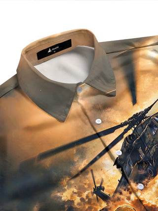 Adaychic Men's Printed Military Soldiers And Helicopter Print Long Sleeve Shirt with Chest Pocket