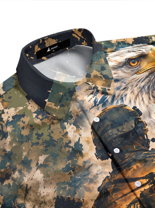 Adaychic Men's Long Sleeve Shirt - Military Soldier And Eagle With Helicopters Print with Chest Pocket