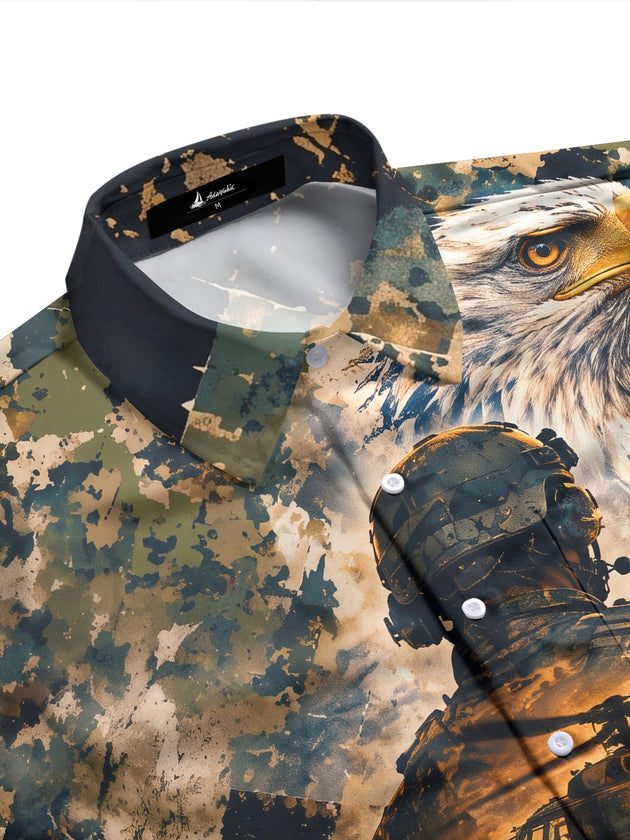 Adaychic Men's Long Sleeve Shirt - Military Soldier And Eagle With Helicopters Print with Chest Pocket