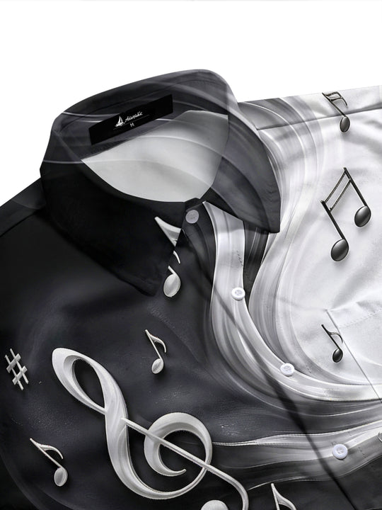 Adaychic Men's Graphic Musical Notes And Clefs Print Long Sleeve Shirt with Chest Pocket