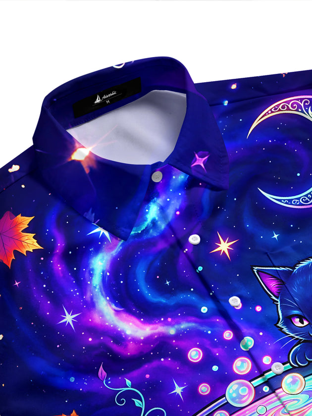 Adaychic Men's Short Sleeve Shirt - Halloween Black Cat And Cauldron With Stars Print with Chest Pocket