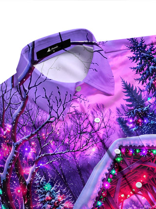 Adaychic Men's Long Sleeve Shirt - Christmas Covered Bridge And Winter Landscape Print with Chest Pocket